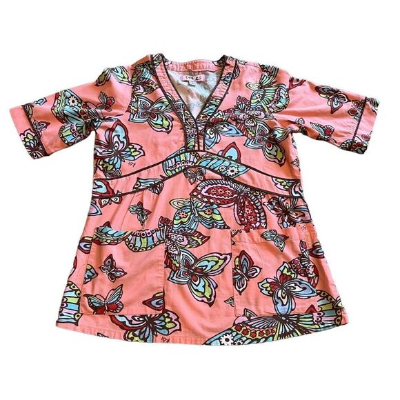 Koi Pink Butterfly Scrub Top with Brown Trim. Size Small. Good Condition!! - Picture 1 of 9